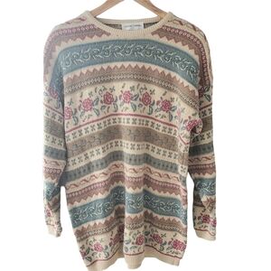 Casual Corner Vintage Striped Floral Grandma Sweater Size Medium Multi Colored